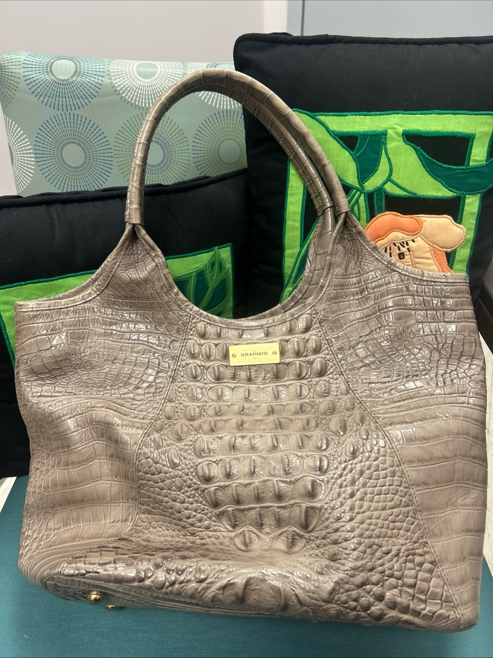 Brahmin Taupe Croc-Embossed Shoulder Tote